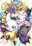  absurdres animal_ears animal_hands baseball_cap black_fur blacktailmon blacktailmon_uver. blue_eyes brown_fur cat cat_ears closed_eyes cross-shaped_pupils digimon digimon_(creature) gloves green_eyes green_headwear green_jacket hat highres jacket meicoomon mikemon nyaromon orange_fur paw_gloves shingetsu_(doru0222) striped_tail symbol-shaped_pupils tail tailmon trait_connection whiskers white_fur yellow_eyes 