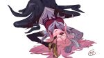  1girl black_sclera blush breasts colored_sclera coven_nami highres hui_shuijiao_de_yu large_breasts league_of_legends long_hair long_sleeves looking_at_viewer lying monster_girl nami_(league_of_legends) on_back pink_hair red_eyes scylla simple_background skirt solo torn_clothes torn_skirt upside-down white_background 