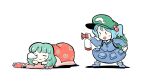  2girls airhorn backpack bag blanket blue_footwear blue_hair chibi closed_eyes green_hair hair_bobbles hair_ornament hat highres holding jewelry kagiyama_hina kawashiro_nitori key key_necklace long_hair multiple_girls necklace nose_bubble oysterfried pouch ribbon simple_background skirt sleeping smile touhou twintails unworn_ribbon white_background 