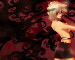  1girl black_skirt blonde_hair breasts cowboy_shot from_side hellsing large_breasts looking_at_viewer medium_hair miniskirt pencil_skirt profile red_background red_eyes seras_victoria skirt solo topless toshimichi_yukari 