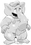 anthro autofellatio balls blush bodily_fluids clothing cum elephant elephant_mario elephantid erection facial_hair genital_fluids genitals hat headgear headwear hypnosis male mammal mario mario_bros masshiro masturbation mind_control monochrome mustache nintendo obese oral oral_masturbation overweight overweight_male penile penile_masturbation penis proboscidean proboscis_(anatomy) solo super_mario_bros_wonder trunk_(anatomy)