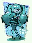  1girl adventure_time aliens_uteu7 aqua_footwear aqua_hair aqua_skin aqua_sleeves artist_name black_skirt bmo boots character_name detached_sleeves full_body fusion halftone halftone_background hatsune_miku high_heel_boots high_heels highres long_hair one_eye_closed open_mouth pleated_skirt skirt smile solo standing twintails very_long_hair vocaloid 