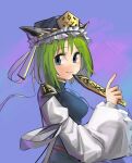  1girl aesur_a blue_background blue_eyes breasts closed_mouth commentary epaulettes frilled_hat frills from_side green_hair hat highres holding large_breasts long_sleeves looking_at_viewer rod_of_remorse shiki_eiki short_hair smile solo touhou unfinished 
