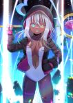  1girl black_jacket blue_eyes blurry blurry_background breasts brown_hair cleavage commentary_request commission dark-skinned_female dark_skin depth_of_field grey_hair grin hand_in_pocket heterochromia holding holding_staff jacket kou_hiyoyo leotard long_hair long_sleeves looking_at_viewer medium_breasts multicolored_hair navel open_clothes open_jacket original pink_gemstone plunging_neckline puffy_long_sleeves puffy_sleeves skeb_commission skindentation smile solo staff standing two-tone_hair white_leotard yellow_eyes 