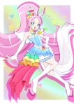  1girl absurdres animal_ears bare_shoulders berry boots choker collarbone cure_parfait dress earrings elbow_gloves food food-themed_hair_ornament fruit gloves hair_ornament headband highres horse_ears jewelry kirakira_precure_a_la_mode kiwi_(fruit) leaf lemon long_hair morishita multicolored_eyes open_mouth orange_(fruit) parfait pearl_choker pearl_earrings pink_hair ponytail precure solo strapless strapless_dress tail white_footwear white_gloves white_tail white_wings wings 