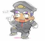 1boy bara blush_stickers chibi dark-skinned_male dark_skin facial_hair full_body goatee live_a_hero male_focus pointing pointing_forward purple_hair shaft_(live_a_hero) short_hair sideburns_stubble sketch solo standing standing_on_one_leg stubble thick_eyebrows translation_request yakisoba_ohmori 