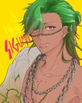  1boy absurdres bucchigiri?! chain collarbone ear_piercing green_hair highres jewelry lip_piercing long_hair looking_at_viewer male_focus marito_jin mastubada_(mtn_akr) necklace piercing red_eyes shirt solo upper_body white_shirt yellow_background 