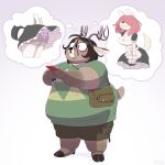 absurd_res anthro antlers blush bottomwear breasts brown_hair canid canine charm clothing deer electronics eyewear female glasses hair hair_over_eyes hi_res holding_object holding_phone hooves horn japanese_text legwear maid_uniform male mammal new_world_deer nintendo obese obese_anthro obese_male overweight overweight_anthro overweight_male panties phone pink_hair pins pokeball pokemon reindeer satchel shirt shorts simple_background smile solo stockings stubble t-shirt text the_legend_of_zelda thinking thought_bubble timo_(character) topwear triforce underwear uniform white_background yellowhellion