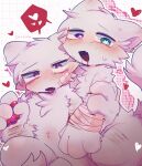 4_fingers anthro arm_grab bandage bandage_on_face bandaged_arm blue_eyes blush blushing_at_viewer bodily_fluids canid canine canis cute_expression cute_fangs delmu duo fingers fur hand_on_arm heart_symbol heterochromia hi_res holding_another holding_arm hug kemono looking_at_viewer male mammal open_mouth orange_eyes pink_eyes sweat sweaty_body white_body white_fur wolf