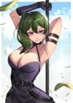  1girl arm_strap armpits arms_up bare_shoulders belt black_belt black_choker black_dress black_gloves blue_sky breasts choker cleavage cloud commentary day dress gloves green_hair halter_dress halterneck highres large_breasts leaf long_hair looking_at_viewer pixie_(pixieinktvis) purple_eyes side_ponytail sky solo sousou_no_frieren ubel_(sousou_no_frieren) upper_body 