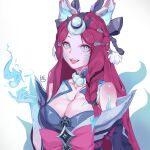  1girl :d absurdres ahri_(league_of_legends) animal_ears bare_shoulders black_bow bow breasts cleavage facial_mark fox_ears fox_girl fox_tail green_eyes hair_bow highres holding_flame hui_shuijiao_de_yu large_breasts league_of_legends long_hair looking_at_viewer pink_bow red_hair shiny_skin smile solo tail teeth upper_teeth_only whisker_markings 