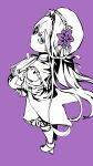  1girl beret book doll_joints dorkdragoon flower frills hair_flower hair_ornament hat herta_(honkai:_star_rail) highres holding holding_book honkai:_star_rail honkai_(series) joints long_hair long_sleeves looking_at_viewer purple_background purple_flower standing 