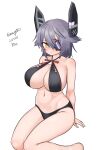  1girl absurdres alternate_costume bare_shoulders barefoot bikini black_bikini blush breasts cleavage closed_mouth commentary_request criss-cross_halter dated eyepatch feet foot_out_of_frame halterneck highres kantai_collection large_breasts maru_(marg0613) navel one-hour_drawing_challenge purple_hair short_hair simple_background solo swimsuit tenryuu_(kancolle) twitter_username white_background yellow_eyes 