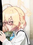  1boy 1girl absurdres ahoge bar_censor black-framed_eyewear blonde_hair blue_archive blush braid censored closed_eyes deepthroat fellatio glasses halo hetero highres kotori_(blue_archive) long_sleeves mizumizuni motion_lines oral penis semi-rimless_eyewear shirt short_hair solo_focus under-rim_eyewear upper_body white_shirt yellow_halo 