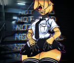 animatronic anthro clothed clothing cross eyeshadow female five_nights_at_freddy&#039;s lagomorph leporid machine makeup mammal necktie one_eye_obstructed rabbit red_eyes robot scottgames solo spring_bonnie_(fnaf) stormkinght thick_thighs