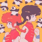  1girl black_hair braid braided_ponytail breasts chinese_clothes dual_persona highres panda purple_eyes ranma-chan ranma_1/2 red_hair reed saotome_genma_(panda) saotome_ranma tangzhuang yellow_background 