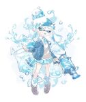  1girl animal_on_head blazer blue_hair blue_jacket blue_necktie blue_skirt blue_socks blunt_bangs brown_footwear brown_sweater_vest collared_shirt commentary_request cup drink drinking_glass drinking_straw fangs full_body glass hair_ornament hairclip holding holding_weapon ice ink_tank_(splatoon) inkling inkling_girl inkling_player_character jacket jellyfish_(splatoon) l-3_nozzlenose_(splatoon) long_hair multicolored_hair necktie on_head one_eye_closed open_mouth pleated_skirt school_uniform shirt skirt socks splatoon_(series) sweater_vest tentacle_hair two-tone_hair water water_drop weapon white_background white_hair white_shirt zzz30m 