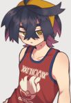  1boy black_hair crossed_bangs grey_background hair_between_eyes highres hykchiba kieran_(pokemon) looking_at_viewer male_focus mole mole_on_neck multicolored_hair orange_eyes parted_lips poke_ball_print pokemon pokemon_sv purple_hair red_tank_top simple_background solo tank_top upper_body 