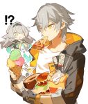  !? 1boy 1girl black_gloves black_hairband black_jacket burger caelus_(honkai:_star_rail) cake chibi cyenmi3 eating fingerless_gloves firefly_(honkai:_star_rail) food french_fries gloves grey_hair hairband holding holding_food holding_ice_cream honkai:_star_rail honkai_(series) hood hood_down hooded_jacket hugging_object ice_cream jacket long_hair long_sleeves mouth_hold open_clothes open_jacket orange_eyes pizza pizza_slice shirt short_hair sweat trailblazer_(honkai:_star_rail) white_shirt 