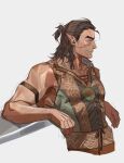  1boy bad_id bad_twitter_id baldur&#039;s_gate baldur&#039;s_gate_3 bara brown_hair cropped_torso dark-skinned_male dark_skin dungeons_and_dragons elf from_side greensalad350 halsin highres looking_ahead male_focus mature_male medium_hair muscular muscular_male pectorals pointy_ears profile sidepec solo sparse_arm_hair sparse_chest_hair thick_eyebrows 