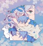  1boy 1girl blue_eyes blue_flower blue_hair chromatic_aberration closed_eyes cropped_torso dress flower frieren grey_hair highres himmel_(sousou_no_frieren) hug jewelry kata_druws leaf long_hair mole mole_under_eye pointy_ears profile ring short_hair sousou_no_frieren upper_body white_dress 