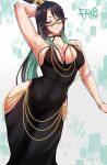  black_dress black_hair breasts cleavage dress fake_(lord_socar) genshin_impact glasses green_hair highres hip_vent large_breasts long_hair looking_at_viewer multicolored_hair open_clothes open_dress sleeveless sleeveless_dress xianyun_(genshin_impact) 