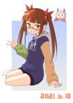  1girl bow brown_eyes brown_hair dated glasses hair_bow highres hood hood_down idolmaster idolmaster_cinderella_girls ikebukuro_akiha long_hair long_sleeves looking_at_viewer red-framed_eyewear red_bow robot sidelocks sitting smile socks solo twintails v youdie 