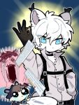 abstract_background anthro black_clothing black_gloves black_handwear blue_eyes bodily_fluids clothing comment crying duo fur gloves hair hand_in_pocket handwear hi_res kemono male mammal meme mustelid musteline pockets stoat tears true_musteline weasel white_body white_fur white_hair zhang_gun