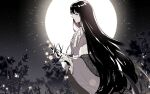  1girl black_hair branch buttons cape closed_mouth commentary expressionless facing_to_the_side flower frilled_sleeves frills from_side full_moon fur-trimmed_cape fur_trim glowing grass grey_cape highres holding holding_branch houraisan_kaguya kagari6496 long_hair long_sleeves looking_down moon pink_eyes pink_shirt red_skirt shirt skirt solo touhou very_long_hair wide_sleeves 