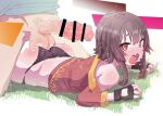  1boy 1girl ass bar_censor black_gloves black_panties blush brown_hair censored dress emanonta erection fingerless_gloves gloves hetero highres kono_subarashii_sekai_ni_shukufuku_wo! large_penis large_testicles long_sleeves lying megumin on_stomach open_mouth panties penis red_dress red_eyes short_hair_with_long_locks solo_focus sweat testicles tongue tongue_out underwear veins veiny_penis 