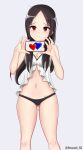  1girl absurdres alternate_costume artist_name babydoll bare_arms bare_shoulders black_hair black_panties blush breasts cleavage feet_out_of_frame grey_background hands_up heart highres holding holding_phone kaguya-sama_wa_kokurasetai_~tensai-tachi_no_renai_zunousen~ long_hair looking_at_viewer medium_breasts navel panties parted_bangs phone red_eyes roswell_ss shinomiya_kaguya simple_background solo underwear 