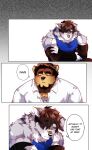 absurd_res alexei_zoloto anthro arm_warmers armwear bear biceps black_hair blue_clothing blue_eyes blue_shirt blue_tank_top blue_topwear booboo34 brown_bear brown_body brown_fur button_ears canid canine canis clothing collared_shirt comic comic_panel dave_volkov deltoids dialogue dog_tags duo english_text floppy_ears fur grey_body grey_fur hair head_down hi_res male mammal muscular muscular_anthro muscular_male nose_bandage shirt speech_bubble static_background tank_top text topwear ursine white_clothing white_shirt white_topwear wolf yellow_eyes