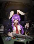 1girl animal_ears blurry blurry_foreground buckshot_roulette can cigarette commentary english_commentary gun highres indoors long_hair long_sleeves necktie purple_hair rabbit_ears rabbit_girl red_eyes red_necktie reisen_udongein_inaba solo statisticstater touhou upper_body weapon 