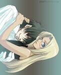  1boy 1girl alucard_(hellsing) artist_name bare_shoulders black_hair blonde_hair blue_eyes breasts dark-skinned_female dark_skin eyes_visible_through_hair glasses gloves gradient_background hellsing hug integra_hellsing long_hair sideways small_breasts smile strapless toshimichi_yukari web_address white_gloves 