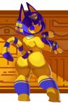 2024 4_fingers 4_toes abstract_background absurd_res animal_crossing ankha_(animal_crossing) anthro beauty_mark big_breasts bikini blue_claws blue_eyeliner blue_eyes blue_eyeshadow blue_hair blue_nails bob_cut bracelet breasts butt claws cleavage clothed clothing colored_nails dancing domestic_cat egyptian egyptian_clothing eyeliner eyeshadow feet felid feline felis female female_anthro fingerless_gloves fingers full-length_portrait fur gloves gold_(metal) gold_bracelet gold_jewelry hair handwear hi_res huge_thighs jewelry legwear looking_at_viewer makeup mammal markings midriff nails nintendo portrait pose roxythefoxy solo standing striped_markings striped_tail stripes swimwear tail tail_markings thick_calves thick_thighs toes uraeus usekh wide_hips yellow_body yellow_fur