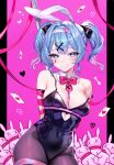  1girl absurdres animal_ears bare_shoulders black_leotard blue_eyes blue_hair bow bowtie breasts card clothing_cutout commentary cutout_above_navel detached_collar fake_animal_ears hair_ornament hatsune_miku heart heart-shaped_pupils heart_cutout highres leotard looking_at_viewer pantyhose pink_bow pink_bowtie pink_ribbon playboy_bunny playing_card rabbit_ears rabbit_hole_(vocaloid) ribbon short_hair smile solo strap_slip symbol-shaped_pupils teardrop_facial_mark teeth twintails vocaloid x_hair_ornament yaya_chan 