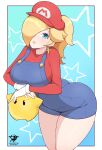  1girl absurdres aqua_background artist_logo ass blue_eyes blue_overalls breasts commentary cowboy_shot earrings hair_over_one_eye high_ponytail highres jewelry kaos_art large_breasts long_hair looking_at_viewer luma_(mario) mario_(series) overalls red_headwear red_shirt rosalina shirt star_(symbol) star_earrings super_mario_galaxy thighs 