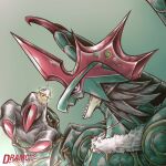 anthro bandai_namco claws digimon digimon_(species) dramonbt duo egg evolutionary_family feathers feral grandgalemon green_body green_feathers hi_res male mask purple_eyes sharp_teeth size_difference teeth yolkmon