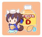  1girl barefoot blue_hair blue_pants blue_shirt bottle brown_background brown_hair chibi cup daitaku_helios_(umamusume) drinking_glass gomashio_(goma_feet) hair_between_eyes hair_ornament hairclip holding holding_cup multicolored_hair on_head pants shirt short_sleeves side_ponytail simple_background sitting soles solo star_(symbol) star_hair_ornament streaked_hair umamusume wide_sleeves 