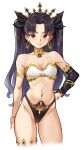  1girl absurdres ass_visible_through_thighs bare_shoulders black_hair blush breasts cleavage cropped_legs detached_sleeves earrings fate/grand_order fate_(series) hand_on_own_hip highres hoop_earrings ishtar_(fate) jewelry long_hair looking_at_viewer mr.thunderigor navel red_eyes revealing_clothes simple_background smile solo strapless tube_top white_background 