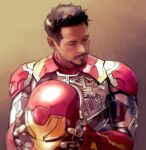  1boy armor brown_background brown_hair closed_eyes closed_mouth commentary_request facial_hair full_armor grey_armor hands_up helmet holding holding_helmet iron_man iron_man_(series) korean_commentary male_focus marvel marvel_cinematic_universe multicolored_armor power_armor red_armor redcokk short_hair simple_background solo superhero_costume tony_stark unworn_headwear unworn_helmet 