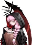  1girl black_sleeves braid braided_ponytail breasts cleavage concept_art glasses hand_on_own_chest haraya_manawari hololive hololive_english hood large_breasts mama_mori mature_female pink_hair ponytail red_eyes red_nails scythe smile virtual_youtuber witch 