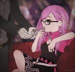  1boy 1girl alternate_costume belt cigarette couch crossed_legs dress hashimoto_nyaa holding holding_cigarette holding_lighter lighter lighting_cigarette long_hair on_couch osomatsu-san:_hesokuri_wars out-of-frame pink_dress sitting user_pwza2477 zipper_pull_tab zippo_lighter 