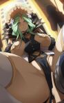  1boy 1girl absurdres blush breasts covered_nipples crotch fire_emblem fire_emblem:_three_houses flower green_eyes green_hair hair_flower hair_ornament highres large_breasts long_hair orphen_(pink_seito) parted_bangs pasties rhea_(fire_emblem) smile solo_focus spread_legs thighhighs thighs tiara 