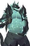 abs anthro blue_body bottomwear canid canid_demon canine canis cerberus cerberus_(fortnite) claws clothed clothing demon epic_games european_mythology fortnite greek_mythology hand_in_pants hellhound hi_res himbo humanoid male mammal multi_head muscular mythological_canine mythological_creature mythology no_shirt no_underwear pants pants_only pecs sharp_teeth shenqimmm shirtless shirtless_male solo teeth v-line wolf
