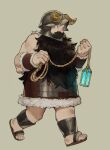  1boy armor beard black_eyes dungeon_meshi dwarf facial_hair fake_horns full_body fur_trim helmet highres holding holding_rope horned_helmet horns lantern long_beard male_focus p_(pm_611a) rope sandals senshi_(dungeon_meshi) simple_background solo standing 