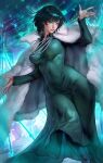  1girl aleriia_v black_hair breasts coat dress fubuki_(one-punch_man) fur_coat green_dress green_eyes green_hair highres impossible_clothes impossible_dress large_breasts lips looking_at_viewer one-punch_man short_hair signature solo web_address 
