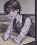  1girl black_hair classroom collared_shirt desk hair_bun hair_ornament hand_on_own_cheek hand_on_own_face head_rest highres indoors it_chaaarm62 long_sleeves looking_at_viewer mole mole_under_eye necktie original parted_lips rain school_desk school_uniform shirt single_hair_bun solo sweater_vest upper_body vest water_drop white_shirt window 