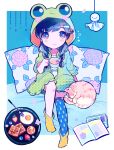  1girl animal_hood black_hair blue_background blue_thighhighs blueberry blush book border braid cardigan cat closed_mouth commentary_request cup floral_print flower food fork fried_egg frog_hood fruit full_body green_cardigan hair_ornament hair_over_shoulder hairclip hand_up highres holding hood hood_up hydrangea kiato long_hair open_book open_cardigan open_clothes original pillow plate purple_eyes single_thighhigh sitting sleeping smile socks socks_over_thighhighs solo strawberry teacup teruterubouzu thighhighs twin_braids waffle white_border yellow_socks 