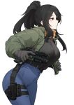  1girl absurdres belt black_belt black_sweater breasts denim flashlight frown gloves green_jacket grey_gloves gun handgun high_ponytail highres holding holding_gun holding_weapon holster jacket jeans k0ng large_breasts long_hair m1911 open_clothes open_jacket original pants ponytail red_eyes reflex_sight scarf sidelocks solo sweater sweater_tucked_in thigh_holster weapon yellow_scarf 